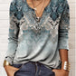 FallStil® - Blau-graues Oceanic Luxe Print V-Ausschnitt Langarm-Top