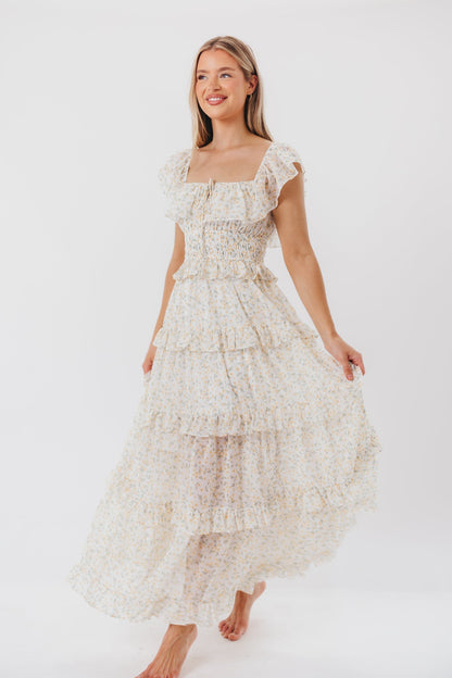 Astrid Maxikleid mit Rüschendetail in gelbem Blumenmuster – stoßfreundlich (geringer Lagerbestand)