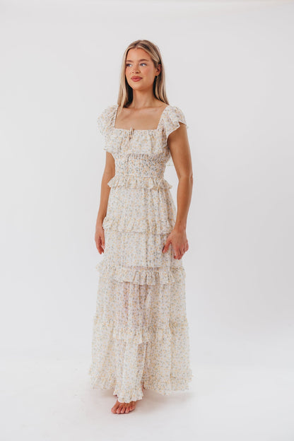 Astrid Maxikleid mit Rüschendetail in gelbem Blumenmuster – stoßfreundlich (geringer Lagerbestand)