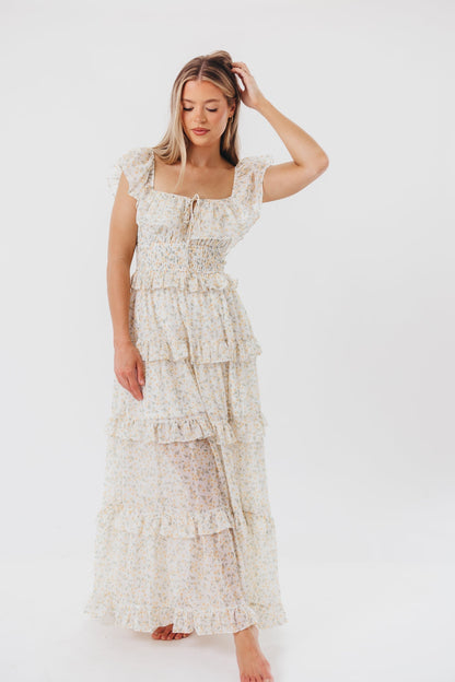 Astrid Maxikleid mit Rüschendetail in gelbem Blumenmuster – stoßfreundlich (geringer Lagerbestand)