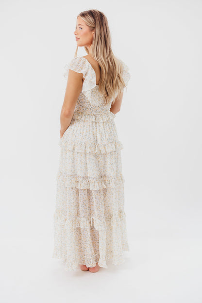 Astrid Maxikleid mit Rüschendetail in gelbem Blumenmuster – stoßfreundlich (geringer Lagerbestand)