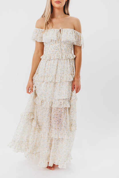 Astrid Maxikleid mit Rüschendetail in gelbem Blumenmuster – stoßfreundlich (geringer Lagerbestand)