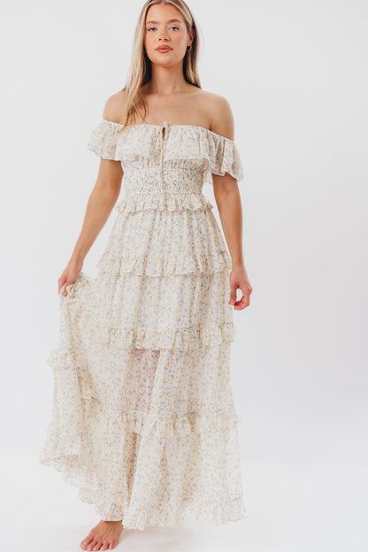 Astrid Maxikleid mit Rüschendetail in gelbem Blumenmuster – stoßfreundlich (geringer Lagerbestand)