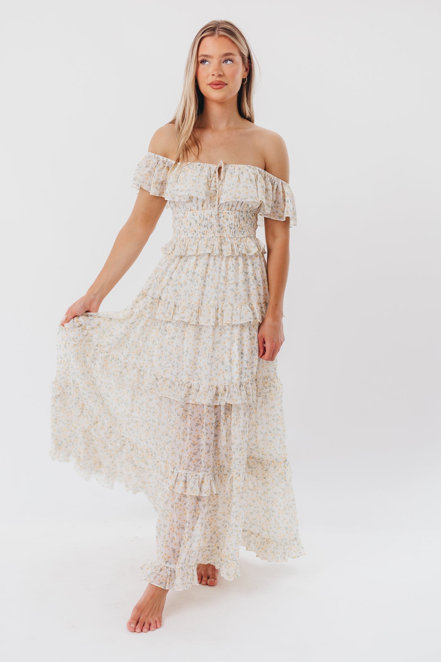 Astrid Maxikleid mit Rüschendetail in gelbem Blumenmuster – stoßfreundlich (geringer Lagerbestand)