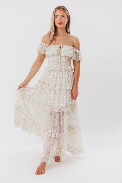 Astrid Maxikleid mit Rüschendetail in gelbem Blumenmuster – stoßfreundlich (geringer Lagerbestand)