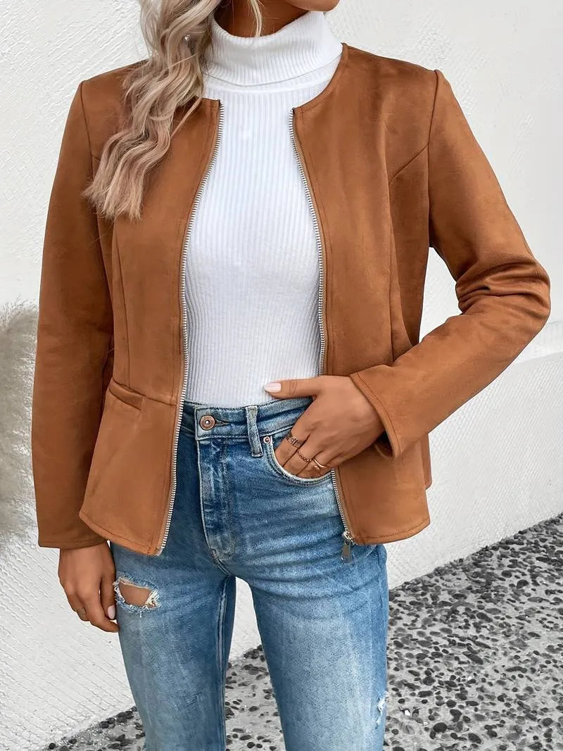 Frauen Herbst Winter Jacke mit Rundhalsausschnitt Casual Look