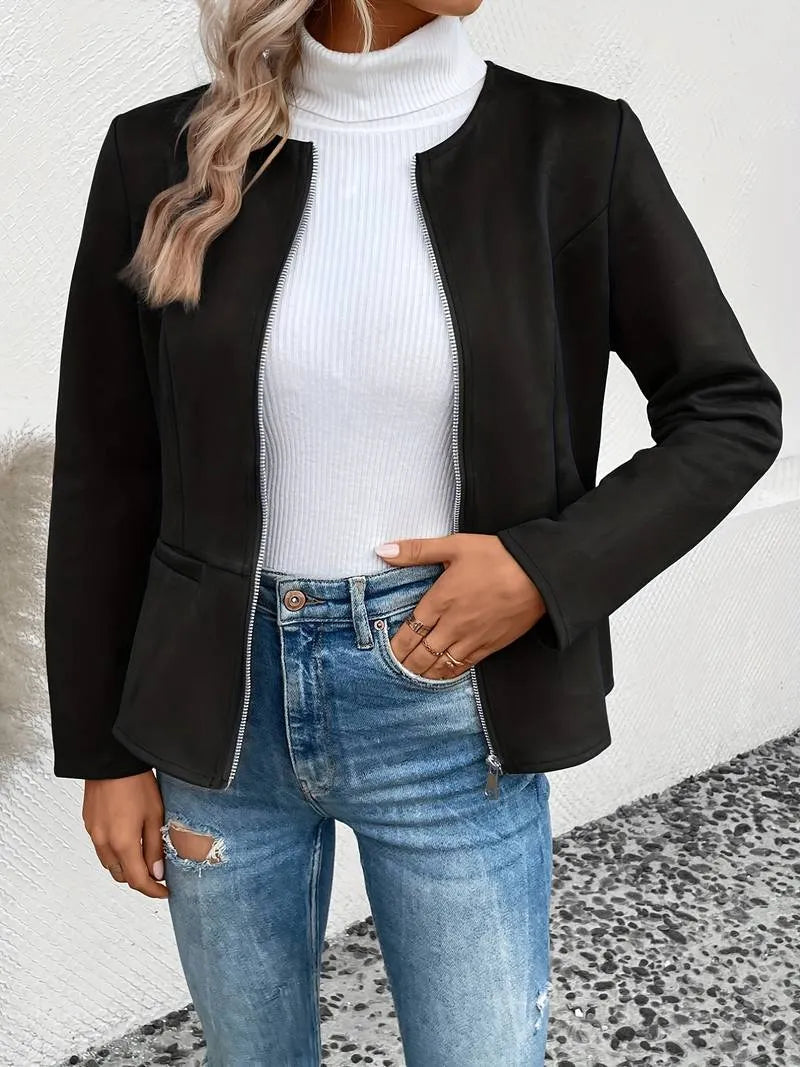 Frauen Herbst Winter Jacke mit Rundhalsausschnitt Casual Look