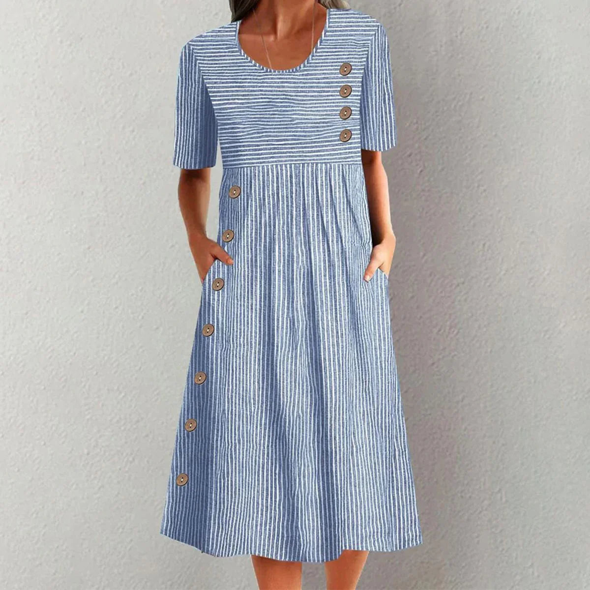 blau gestreiftes Kurzarm und kurze Schnitt Midi-Kleid für Damen