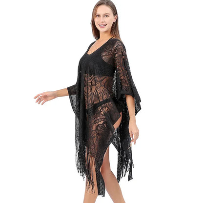 Midnight Palm - Schwarzes Strandkleid mit Fransen