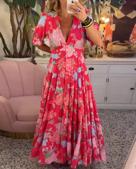 CHIARA VARILO - Elegantes Maxi-Kleid mit Blumenmuster & V-Ausschnitt für den Frühling/Sommer