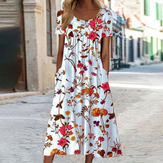 Charlotte - Blumiges Midi-Sommerkleid Weiß