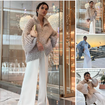 Arina - Elegante Glitzerende Strickjacke Mit Reißverschluss