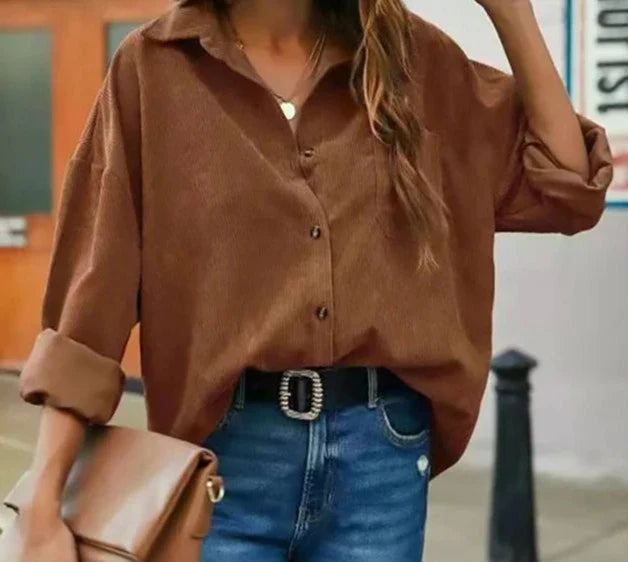 Ida - Olivgrüne Cordbluse in Unifarbe