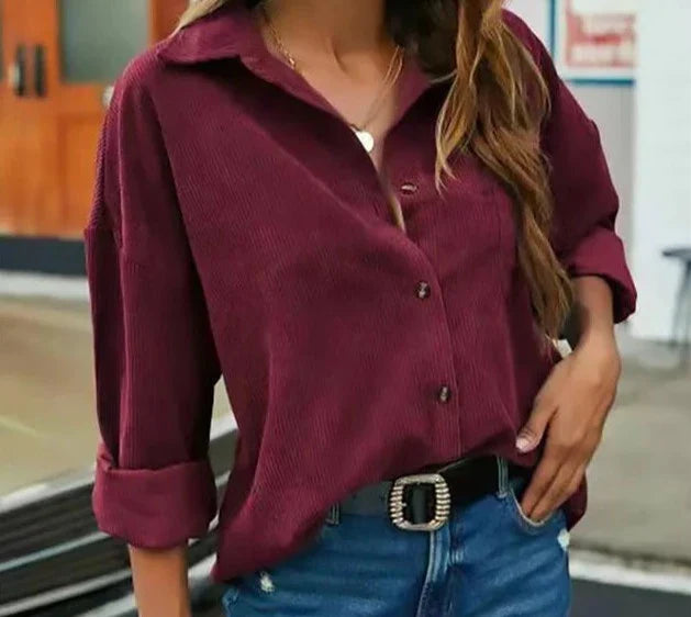 Ida - Olivgrüne Cordbluse in Unifarbe