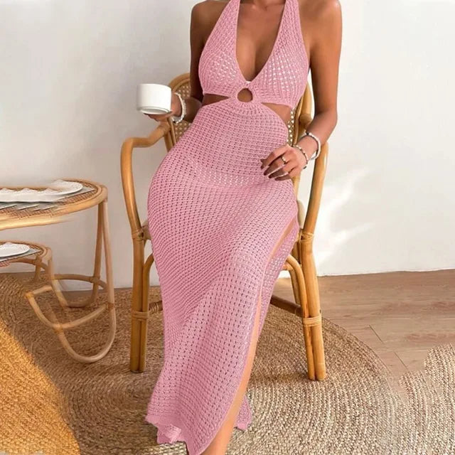 Sahara Glam - Beigefarbenes Häkel-Maxikleid