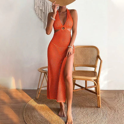 Sahara Glam - Beigefarbenes Häkel-Maxikleid