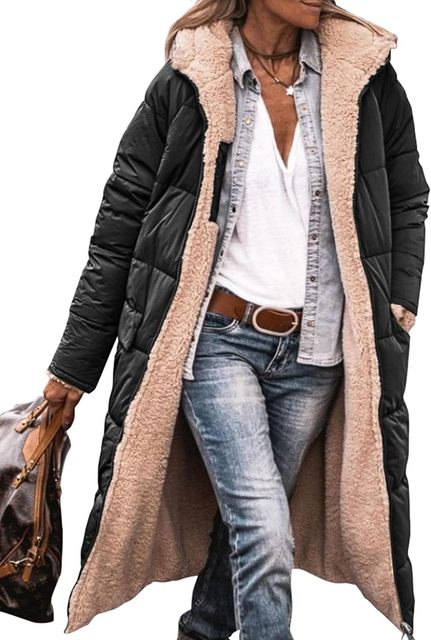 Briella - lange Sherpa Pufferjacke (mit Kapuze)