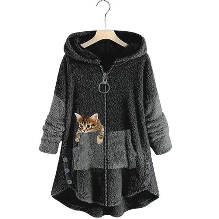 Kuschelige Teddy-Jacke mit Katzenmotiv für Frauen - Herbst/Winter