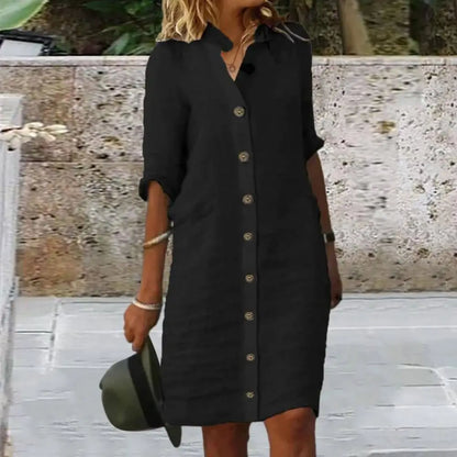 Elena - Weißes Button-Down Leinenkleid