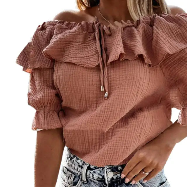 Ingrid - Damen Schulterfreie Rüschenbluse mit Schnürung und Bindeband