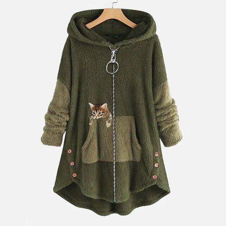 Kuschelige Teddy-Jacke mit Katzenmotiv für Frauen - Herbst/Winter