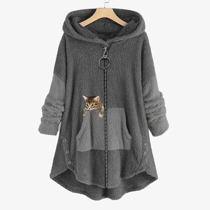 Kuschelige Teddy-Jacke mit Katzenmotiv für Frauen - Herbst/Winter