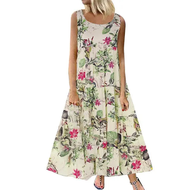 Elisa - Beigefarbenes Maxikleid mit Blumenprint