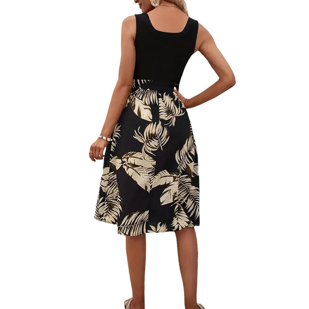 Emilia - Schwarz-Beiges Sommerkleid mit Blattmuster