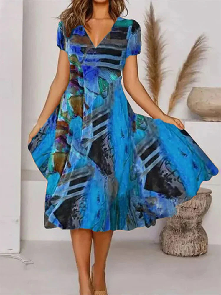 Marlene - Abstraktes Aquarellkleid in Blau