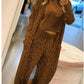Janice - Leopard Print Tasche lange Ärmel Strickjacke und elastische Taille Hose Set