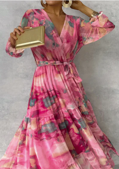 Evelyn - watercolor dream maxikleid mit v-ausschnitt und langen armeln