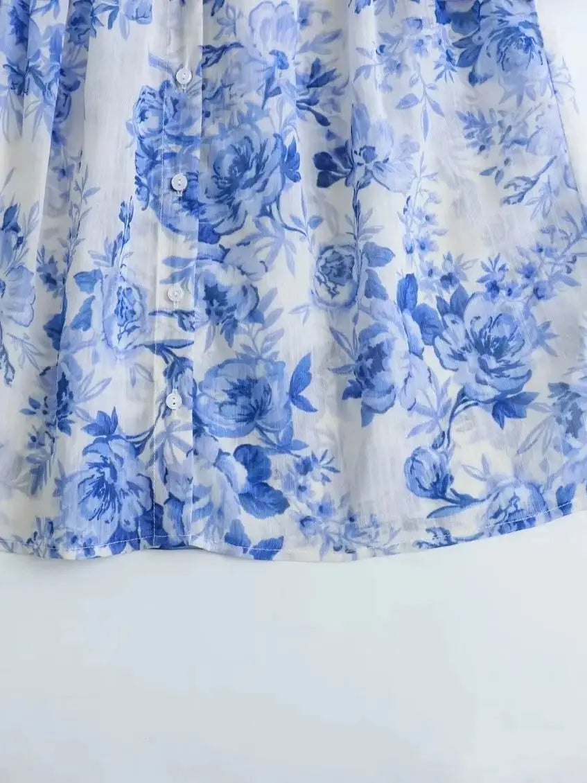 Katharina - Damen Bluse im Vintage-Stil mit halbtransparentem, bedrucktem Design, gerüschten Details und Kordelzug