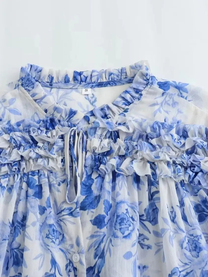 Katharina - Damen Bluse im Vintage-Stil mit halbtransparentem, bedrucktem Design, gerüschten Details und Kordelzug