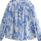 Katharina - Damen Bluse im Vintage-Stil mit halbtransparentem, bedrucktem Design, gerüschten Details und Kordelzug