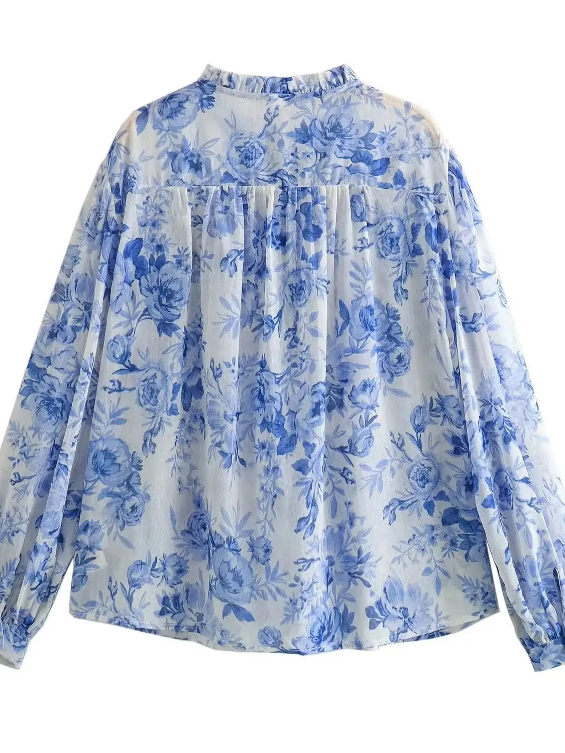 Katharina - Damen Bluse im Vintage-Stil mit halbtransparentem, bedrucktem Design, gerüschten Details und Kordelzug