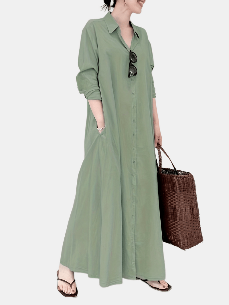 Zoe - Olivgrünes Hemdblusenkleid Maxi