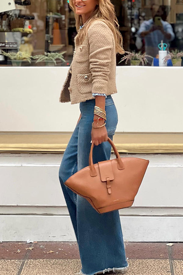 Ausgefranste Jacke Mit Rundhalsausschnitt Und Knöpfen