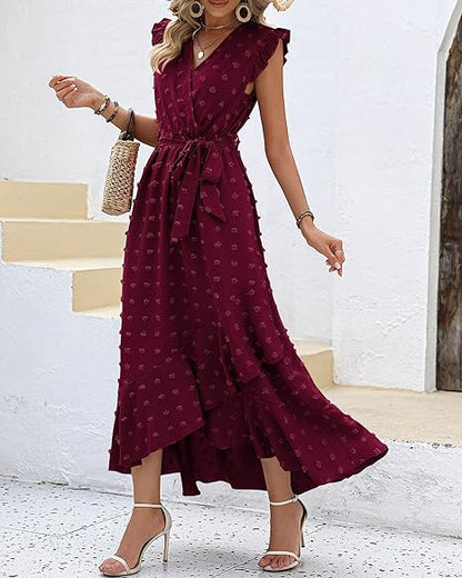 Swiss Dot-Kleid mit V-Ausschnitt und Rüschenärmeln – Amanda