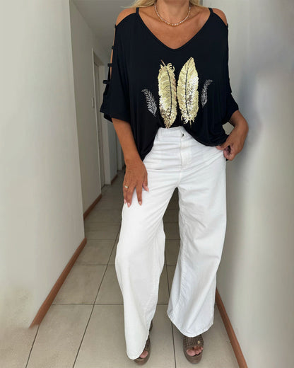 Schulterfreies Oberteil mit Federpailletten