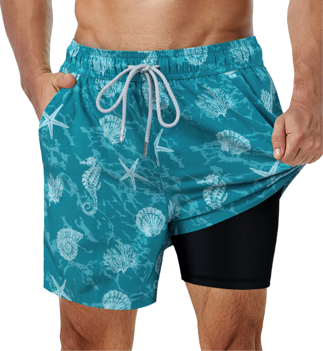 Marineblaue Badeshorts mit lebendigem