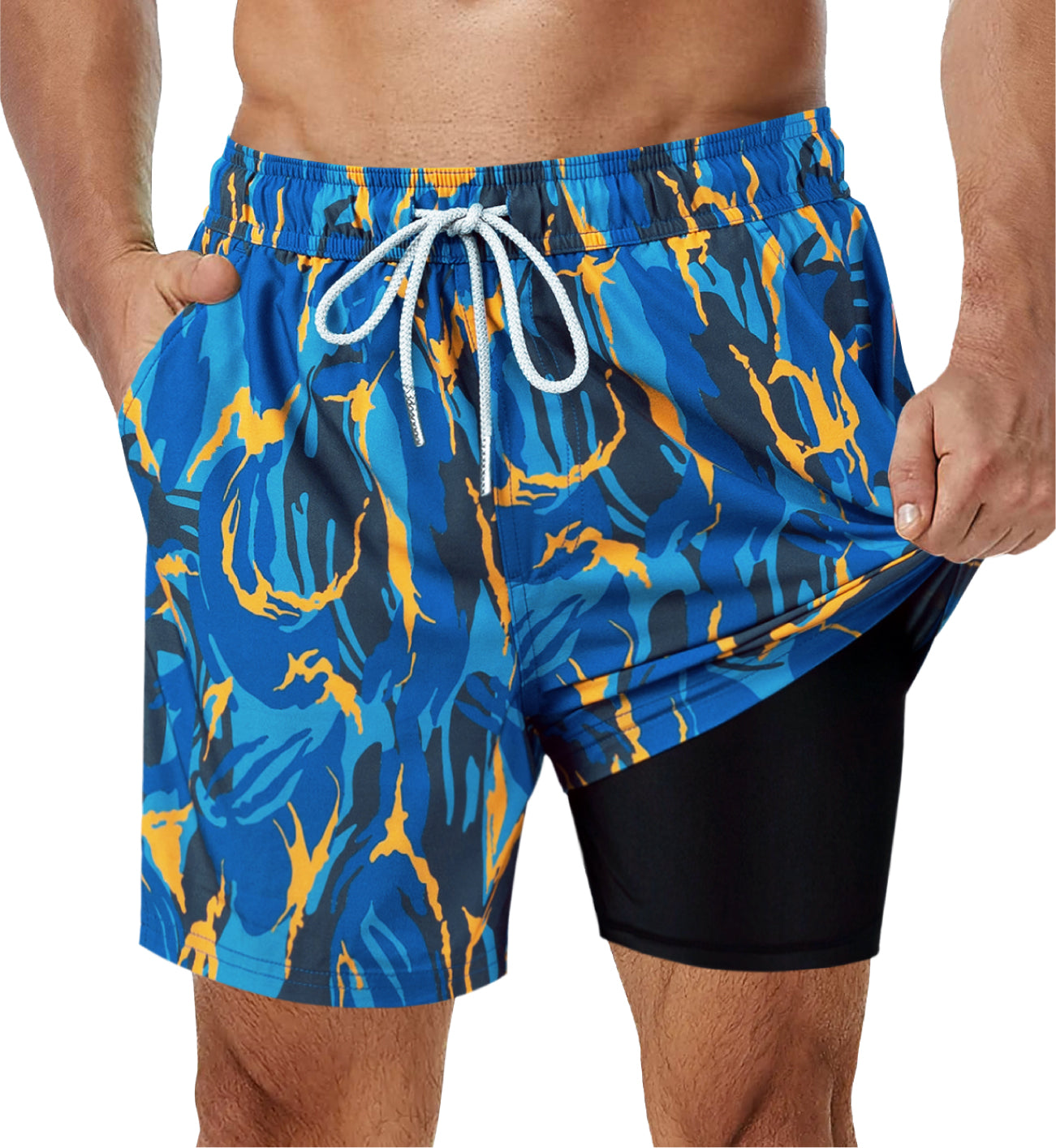 Marineblaue Badeshorts mit lebendigem