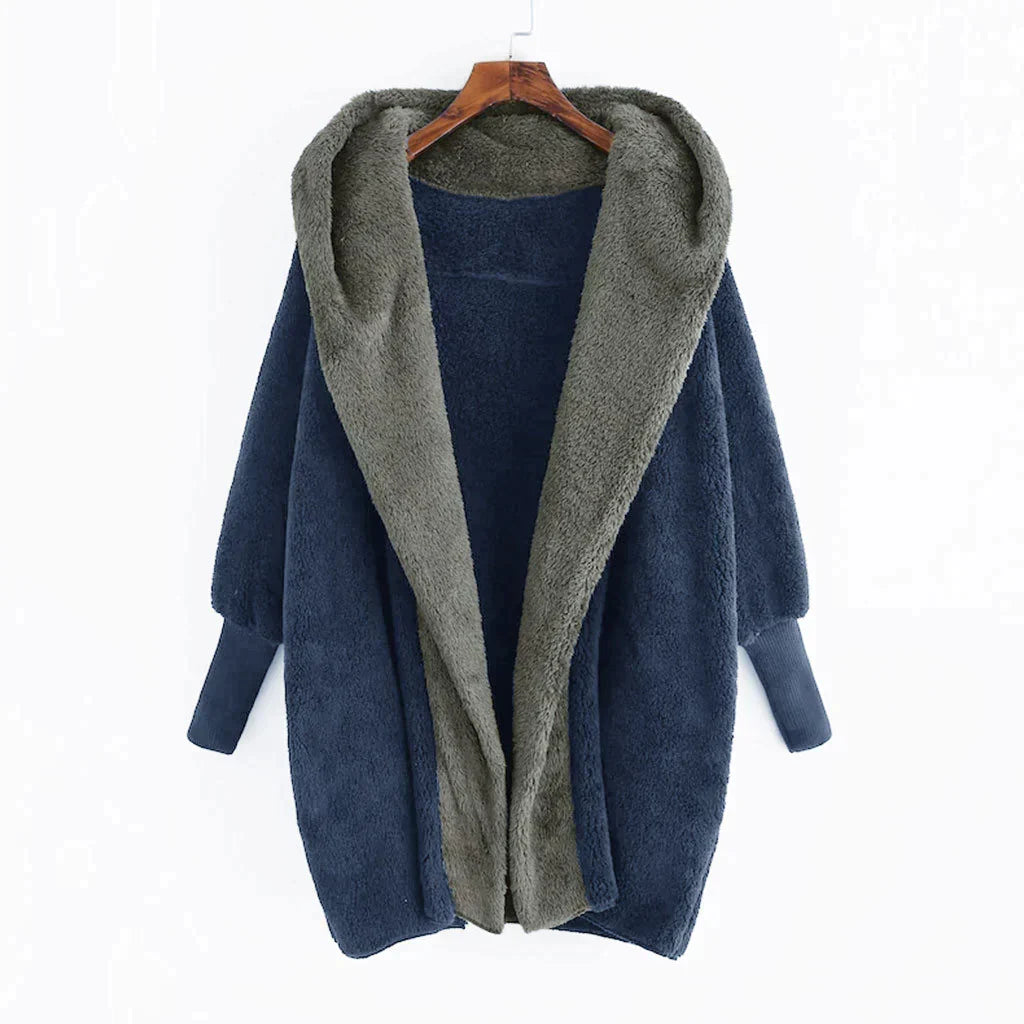 Charlottes - Plüschiger Damen Cardigan-Mantel Aus Farbiger Wollmischung Mit Kapuze Und Lockerer Passform